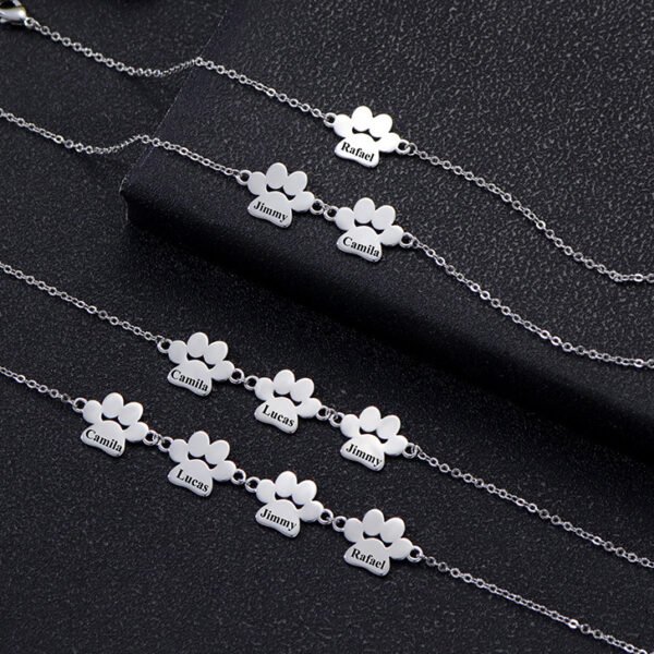 Technical layout photo showing wholesale personalized Silver stainless steel animal paw chain bracelets arranged cleanly from 1 to 4 connected plates.