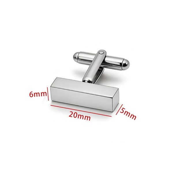 B2B catalog technical diagram of a wholesale silver stainless steel bar cufflink showing 20mm length, 6mm width, and 5mm depth matrix.