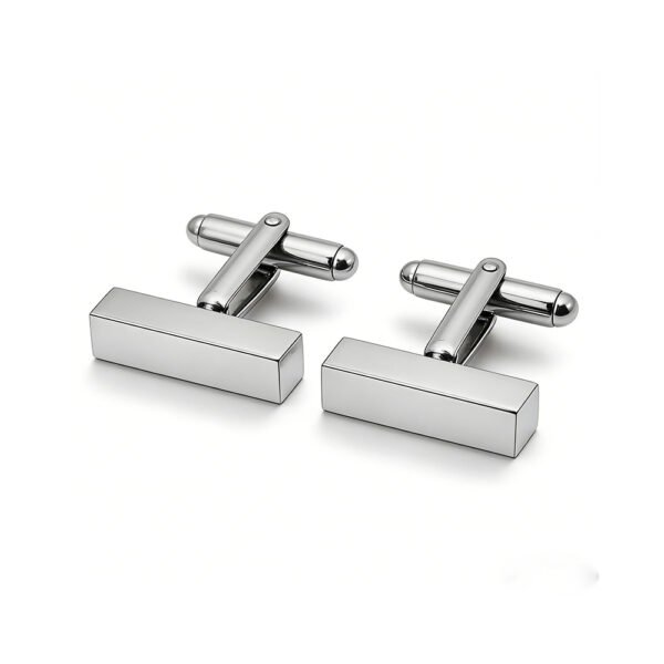 A pair of blank finished mirror polished silver stainless steel 3D vertical pillar cufflinks on a clean white background for B2B catalog.