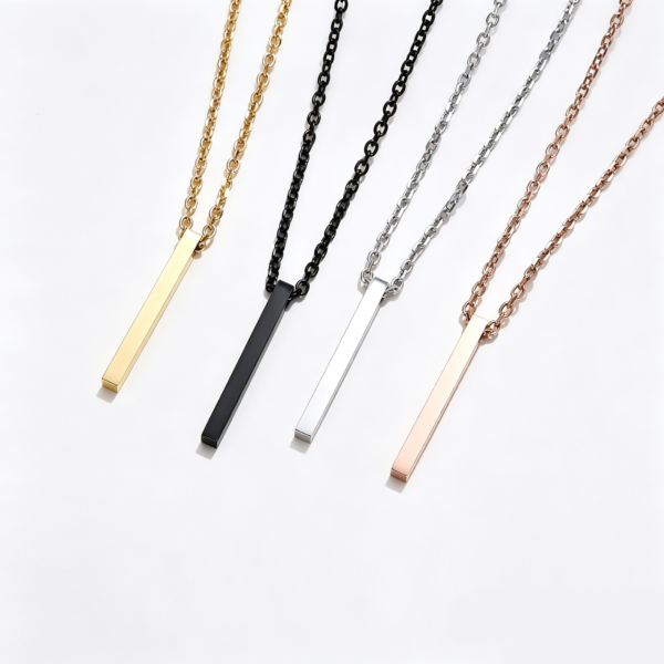 Parallel layout of wholesale blank 3D vertical pillar necklaces in gold, black, silver, and rose gold finishes ready for four-side laser engraving catalog.