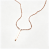 An isolated view of a single blank mirror polished rose gold plated stainless steel vertical 3D column charm necklace on a clean white background.