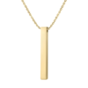 An isolated front view of a finished 18K gold plated stainless steel 3D vertical bar necklace with a minimalist cable chain displayed on a pure white background.