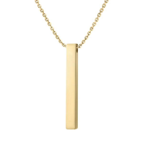 An isolated front view of a finished 18K gold plated stainless steel 3D vertical bar necklace with a minimalist cable chain displayed on a pure white background.