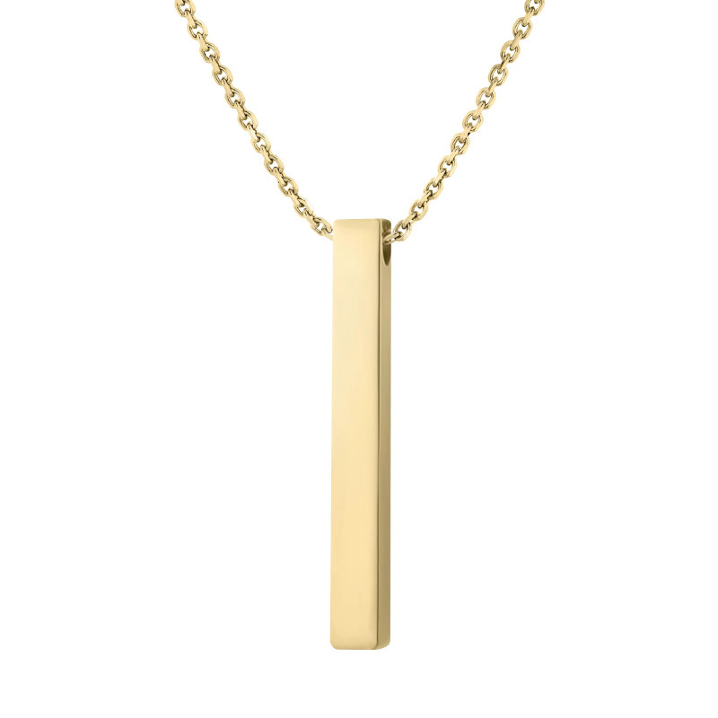An isolated front view of a finished 18K gold plated stainless steel 3D vertical bar necklace with a minimalist cable chain displayed on a pure white background.