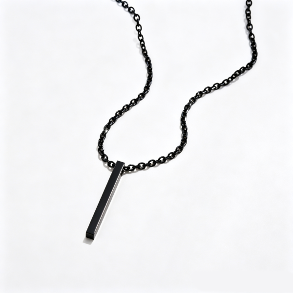 Wholesale finished matte black stainless steel vertical 3D bar necklace with a blank rectangular pillar pendant for men's custom lifestyle jewelry sourcing.