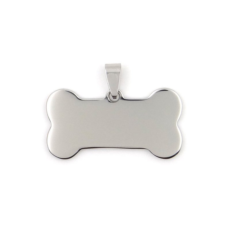 A single blank mirror polished silver stainless steel bone charm pendant with a hanging bail laid flat on a white clean backdrop.