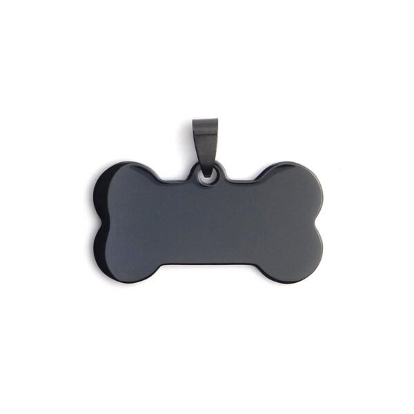 An isolated front view of a blank matte black stainless steel dog bone tag charm pre-fitted with a secure pinch bail for custom pendant matching.