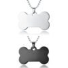 Parallel display of finished silver and black stainless steel bone-shaped necklaces with ball chains for custom engraved jewelry catalog.