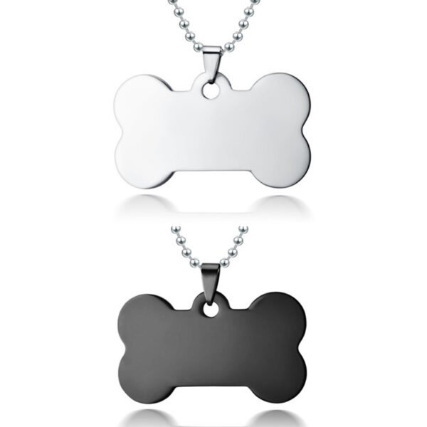 Parallel display of finished silver and black stainless steel bone-shaped necklaces with ball chains for custom engraved jewelry catalog.