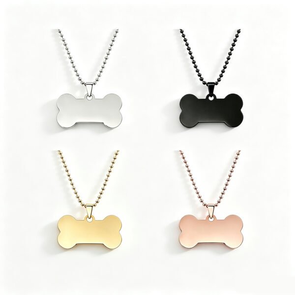 Four finished stainless steel dog bone pendant necklaces in silver, black, gold, and rose gold with bead chains for volume wholesale sourcing.