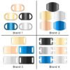 Technical layout photo highlighting four distinct branding styles (Brand 1 to Brand 4) of stainless steel slide blank tags in various shapes and slot designs.
