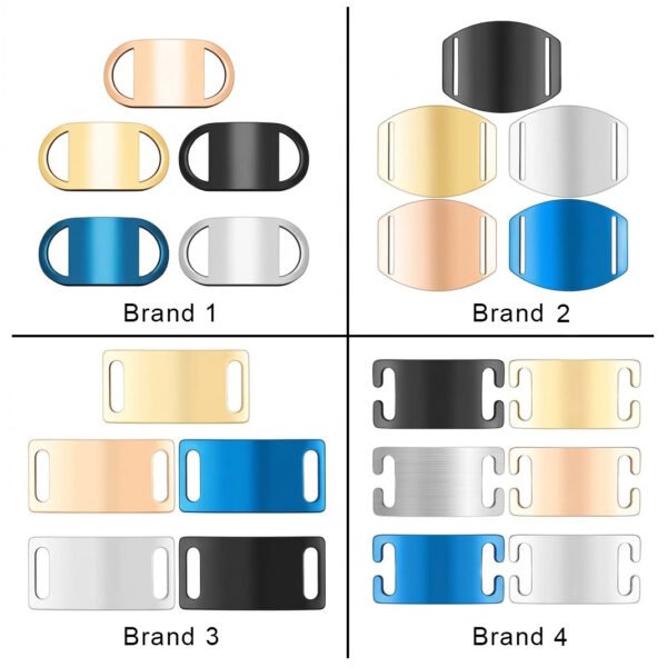 Technical layout photo highlighting four distinct branding styles (Brand 1 to Brand 4) of stainless steel slide blank tags in various shapes and slot designs.