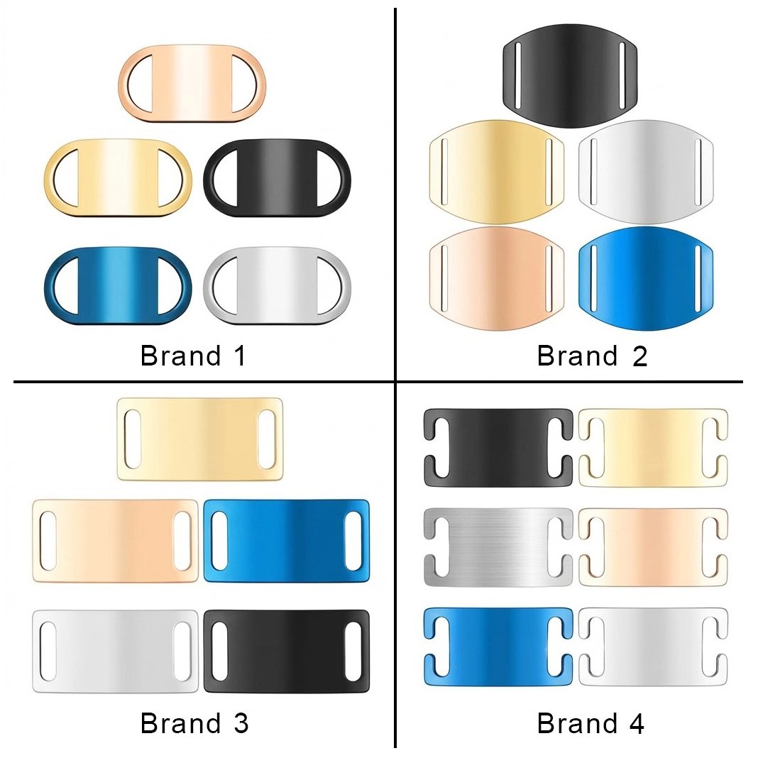 Technical layout photo highlighting four distinct branding styles (Brand 1 to Brand 4) of stainless steel slide blank tags in various shapes and slot designs.