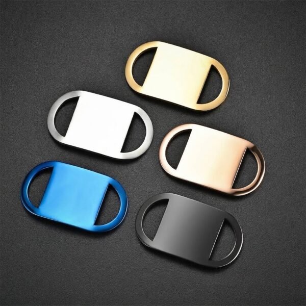 Parallel display of bulk customized stainless steel half-oval slide-on blank tags in gold, silver, rose gold, blue, and black for luggage tag components supplier.