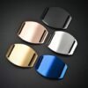 Wholesale curved stainless steel slide-on ID tags with dual side slots in black, gold, rose gold, silver, and blue finishes for pet collar hardware vendor catalog.