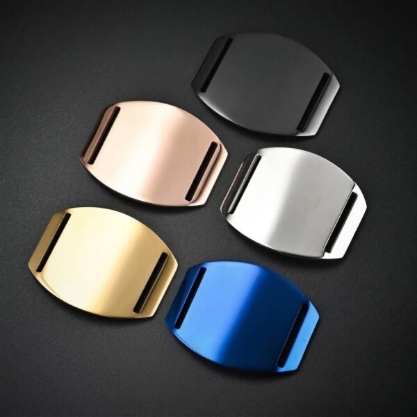 Wholesale curved stainless steel slide-on ID tags with dual side slots in black, gold, rose gold, silver, and blue finishes for pet collar hardware vendor catalog.