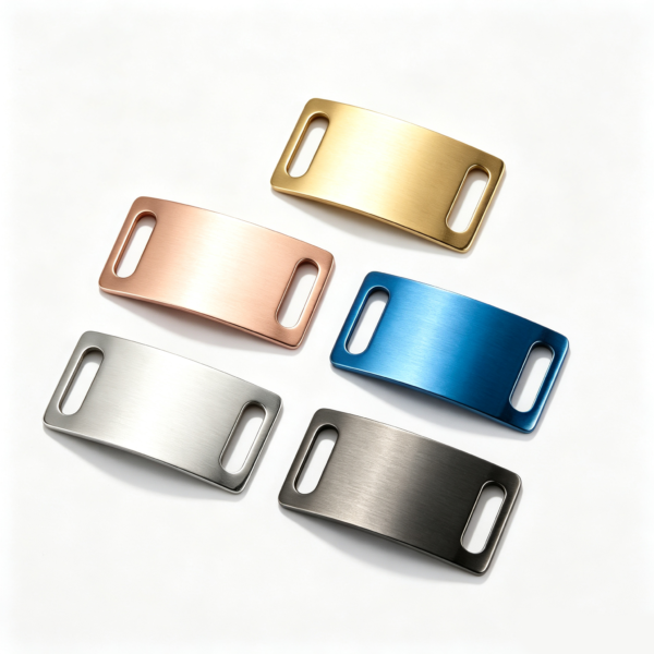 Blank finished 304 stainless steel rectangular slide charms with rounded slots in silver, gold, rose gold, blue, and black for paracord bracelet components.