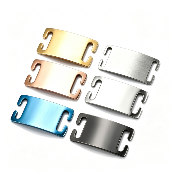Wholesale custom open C-shaped quick-release metal nameplates in multi-color finishes ready for laser engraving on a clean white background for B2B catalog.