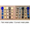 Comparison catalog layout highlighting flat metal plates and curved metal plates variations of wholesale stainless steel slide blank tags on watch bands.