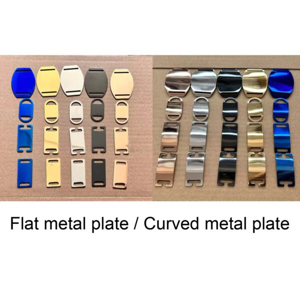 Comparison catalog layout highlighting flat metal plates and curved metal plates variations of wholesale stainless steel slide blank tags on watch bands.