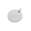 A high-shine silver stainless steel circle tag blank attached to a simple open jump ring, centered on a clean white surface.