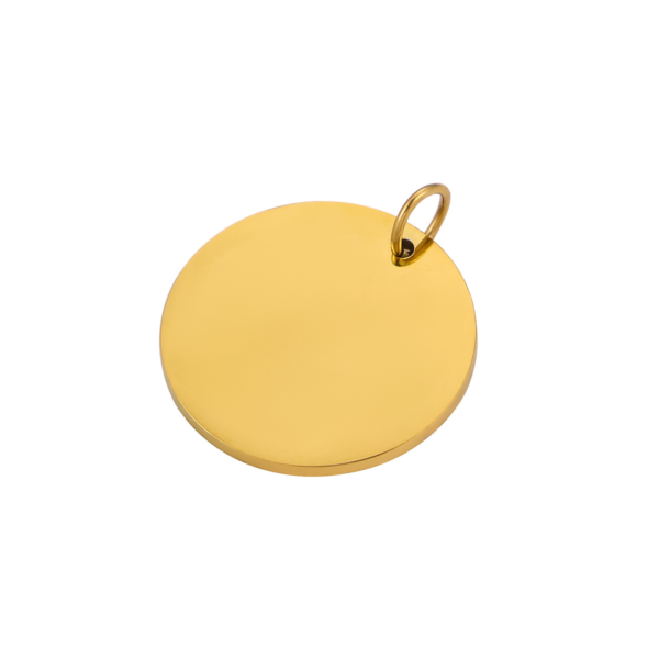A polished gold-plated stainless steel round metal blank with a top connecting jump ring, showing a bright reflective finish.