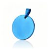 A vibrant royal blue anodized stainless steel circular disc pendant charm with a premium top bail, angled on a reflective surface.