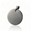 A sleek gunmetal black finished stainless steel solid round plate tag with a top hanging bail on a clean background.