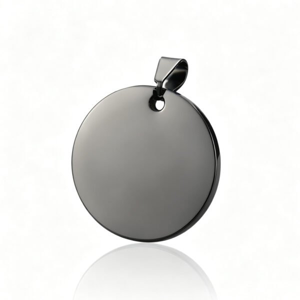 A sleek gunmetal black finished stainless steel solid round plate tag with a top hanging bail on a clean background.
