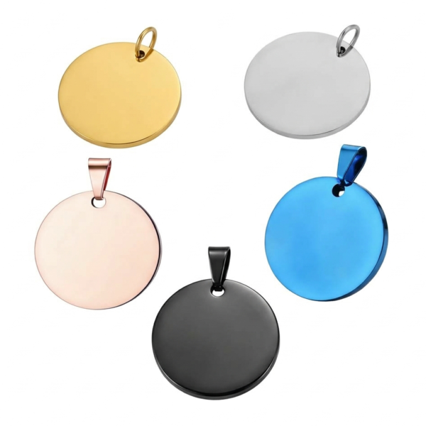 A group of five stainless steel round disc pendants showcasing gold, silver, rose gold, matte black, and royal blue colors with different bail styles.