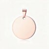 A mirror-polished rose gold stainless steel round disc pendant with a top pinch bail, isolated on a white background with a soft reflection.