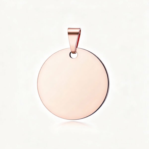A mirror-polished rose gold stainless steel round disc pendant with a top pinch bail, isolated on a white background with a soft reflection.