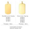 A technical product diagram comparing "Rounded corner-Dog tag" and "Sharp corner-Dog tag" styles with a thickness of 1.8mm and customizable dimensions.