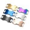 Six mirror-polished stainless steel slide-on bone collar tags in gold, rainbow, blue, silver, black, and rose gold finishes, arranged diagonally on a white background.