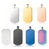 Seven stainless steel pendants in a "rounded-corner dog tag" style—featuring bails for suspension—are displayed in two rows; the collection includes mirror-polished finishes in silver, gold, rose gold, matte black, blue, and rainbow, alongside a plain brushed-silver pendant.