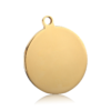 A high-shine gold-plated stainless steel round plate charm blank with an attached exterior top eyelet ring, isolated on a bright white surface.