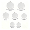 A technical product diagram illustrating seven sizes of silver stainless steel exterior loop circle tags with diameters of 8mm, 10mm, 15mm, 18mm, 20mm, 25mm, and 30mm.