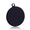 A mirror-polished matte black stainless steel circle tag blank featuring a distinct exterior top loop extending from the rim, centered on a white background.