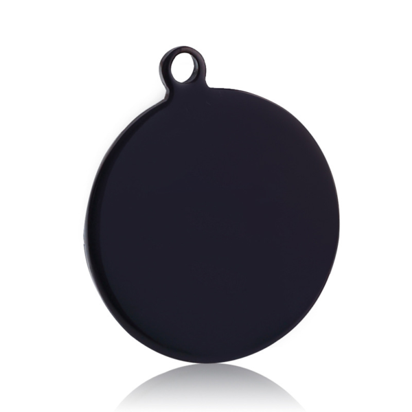 A mirror-polished matte black stainless steel circle tag blank featuring a distinct exterior top loop extending from the rim, centered on a white background.