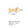 A technical product diagram of a gold stainless steel mini bone charm showing dimensions of 17mm width, 8mm height, 1.5mm thickness, and 1g weight.