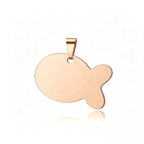 An elegant rose gold stainless steel fish pendant tag blank featuring a smooth flat surface and soft casting shadow.