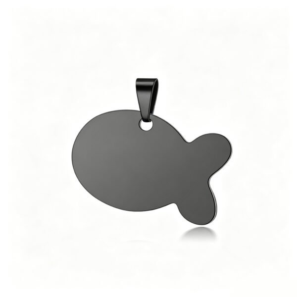 A sleek matte black finished stainless steel solid fish-shaped pet tag charm, showing a premium dark finish against a white background.