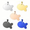 A collection of five stainless steel fish tags grouped together, displaying silver, gold, rose gold, matte black, and royal blue metallic finishes.