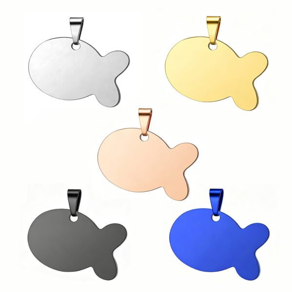 A collection of five stainless steel fish tags grouped together, displaying silver, gold, rose gold, matte black, and royal blue metallic finishes.