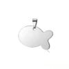 A high-shine mirror-polished silver stainless steel fish charm blank with an attached pinch bail, reflected on a bright white surface.