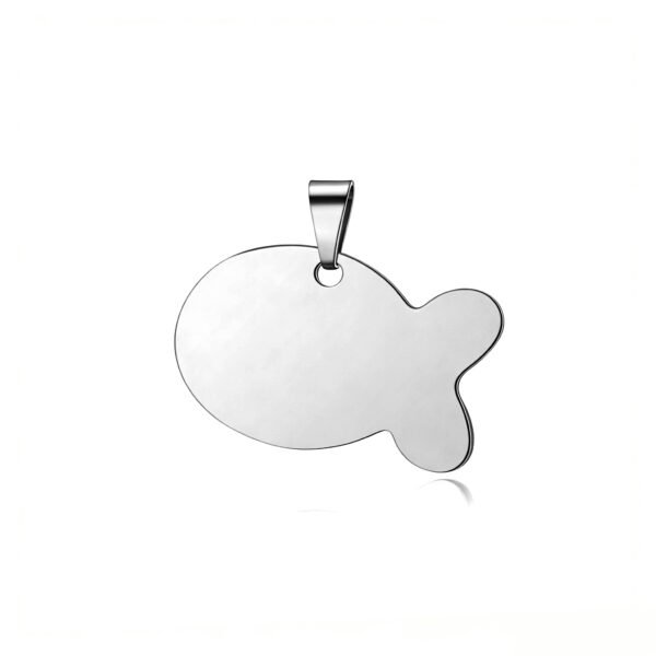 A high-shine mirror-polished silver stainless steel fish charm blank with an attached pinch bail, reflected on a bright white surface.