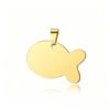A mirror-polished gold-plated stainless steel fish-shaped tag with a pendant bail, isolated on a clean white background with a soft reflection.