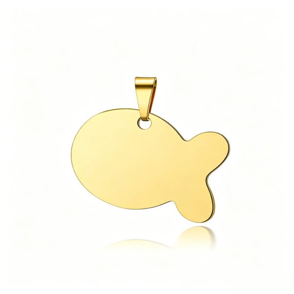 A mirror-polished gold-plated stainless steel fish-shaped tag with a pendant bail, isolated on a clean white background with a soft reflection.
