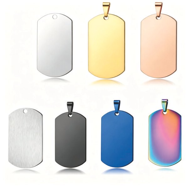 A set of blank dog tags with pointed corners, showcasing a variety of metallic PVD-plated finishes against a pristine white background.