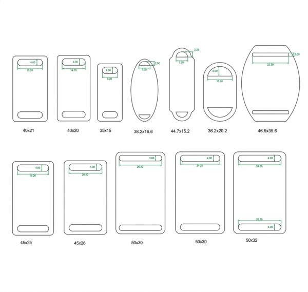 B2B catalog technical engineering blueprint of wholesale closed dual-slot slide ID tags showing precision dimensions from 35x15mm to 50x32mm.